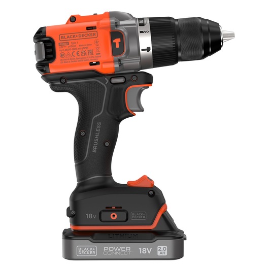 Side view of the BLACK+DECKER® 18V POWERCONNECT™ Brushless Hammer Drill, facing right.