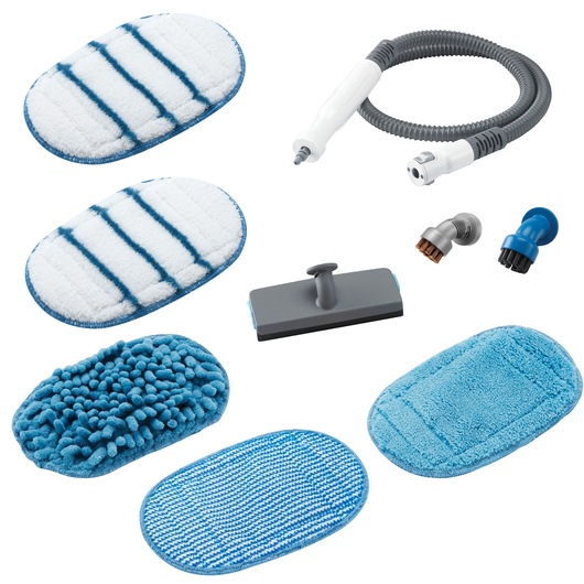 BLACKDECKER FSHSMA cleaning accessory kit with various blue and white pads, brushes, hose, and flat attachment, top view.