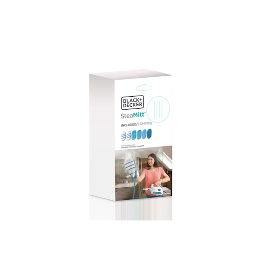 BLACKDECKER SteaMitt replacement pads FSHSMPS-B5 in box, shown from front angle with product photos and blue graphics.