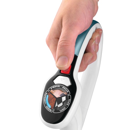 Photo of BLACKDECKER FSM16CD steam mop handle close-up showing floor type selection dial and control buttons.