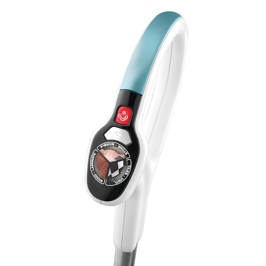 BLACKDECKER FSM16CD steam mop handle with blue grip and control buttons, close-up, white background.
