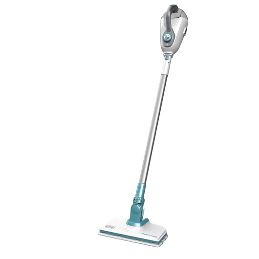 BLACKDECKER FSMH1300FX steam mop, white and blue, upright angle, household cleaning appliance.