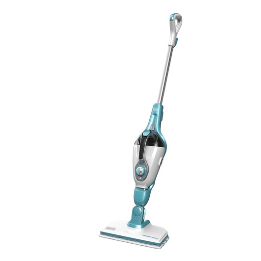 BLACKDECKER FSMH1321 steam mop, white and turquoise, upright front angle, photography.