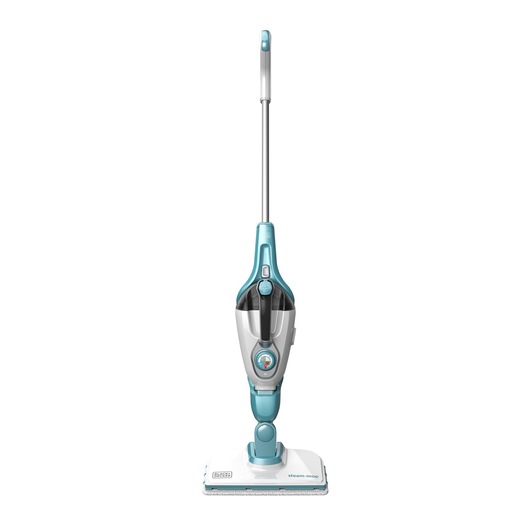 BLACKDECKER FSMH1321 steam mop front angle, white and blue, upright position, photography.