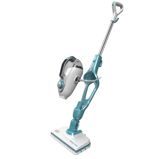 BLACKDECKER FSMH1321 steam mop and handheld cleaner, white and teal, front angle on white background.