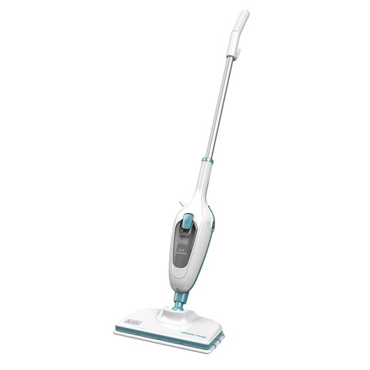 BLACK+DECKER FSMH13E5 steam mop, white and blue, upright angle on white background.