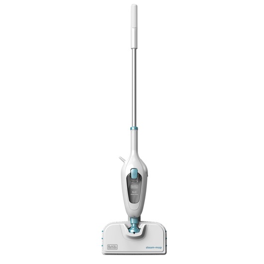 BLACKDECKER FSMH13E5 steam mop upright on white background, white and blue design, front angle.