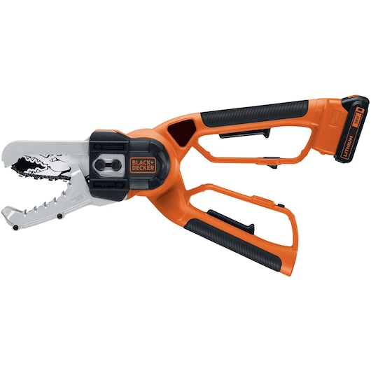 A BLACK+DECKER cordless alligator lopper with an orange and black handle. The tool has a jaw-like cutting mechanism and a rechargeable lithium battery.