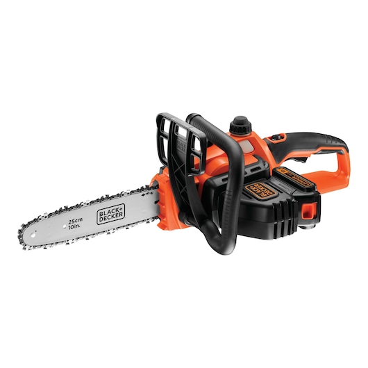 A BLACK+DECKER cordless chainsaw with an orange and black design, featuring a 25 cm (10 inch) cutting blade.
