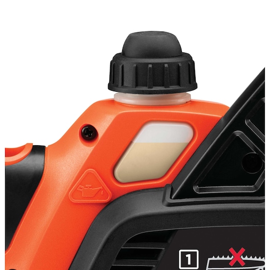 BLACKDECKER GKC1825LB chainsaw oil reservoir close-up on white background.