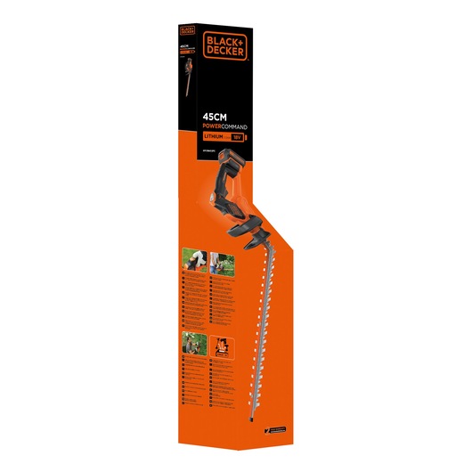 BLACKDECKER GTC18452PC cordless hedge trimmer packaging, orange and black, front angle showing product and features.