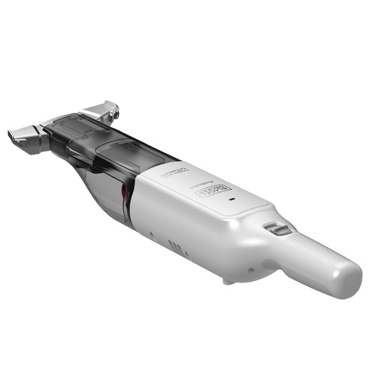 A BLACK+DECKER handheld vacuum cleaner, model HLVC315J11, shown in white and grey color with an ergonomic handle and slim design.
