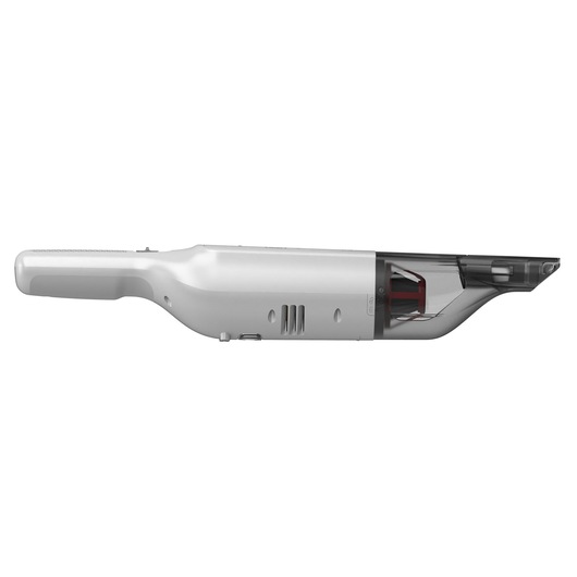 Side view of a BLACK+DECKER handheld cordless vacuum cleaner, model HLVC315J11, featuring a slim white body and a transparent dust container.