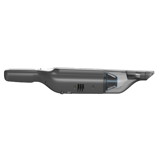 BLACKDECKER HLVC320B11 handheld vacuum cleaner, side view, black and transparent body, white background.