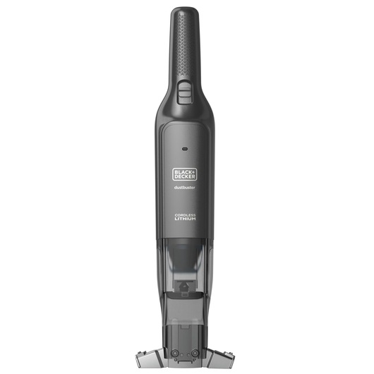 A BLACK+DECKER dustbuster cordless lithium handheld vacuum cleaner standing upright on a white background.