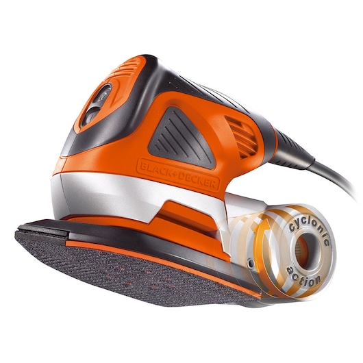 Close-up image of a BLACK+DECKER KA272 electric detail sander with a cyclonic action feature, shown in orange, black, and silver colors.