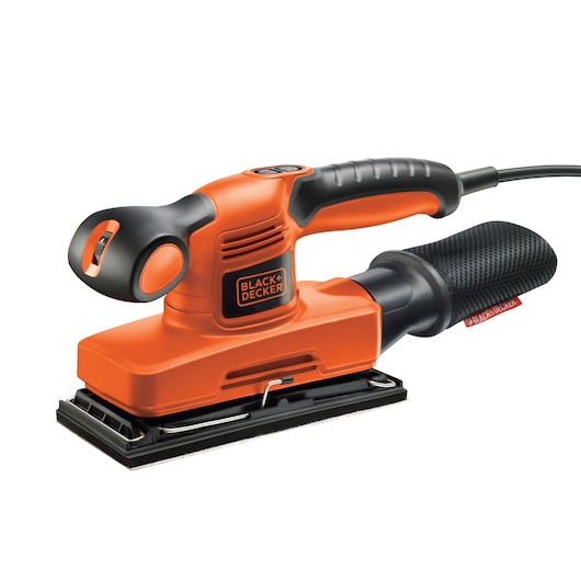 BLACK+DECKER KA274EKA orange and black electric sander side angle on white background.