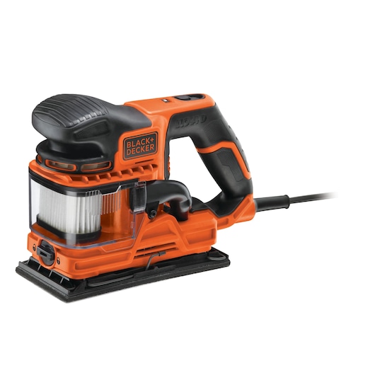 A BLACK+DECKER electric sander with an ergonomic black and orange handle, dust collector, and a rectangular sanding base, designed for surface finishing.