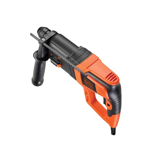 A BLACK+DECKER electric drill with an orange and black body, featuring a side handle for extra control. The tool is designed for various drilling applications.