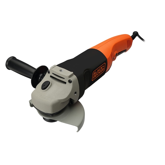 A BLACK+DECKER handheld angle grinder with a black and orange body and a side handle, shown against a white background.