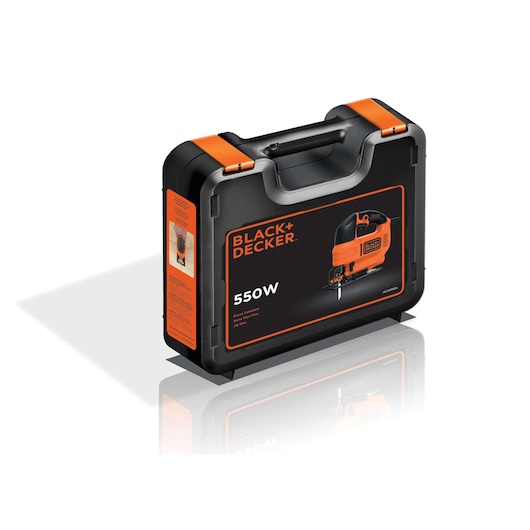 BLACK+DECKER KS701PEK jigsaw kit case, black and orange hard plastic with product image and 550W label, angled view.
