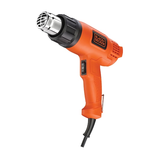 An orange BLACK+DECKER heat gun with a black handle, visible power switch, and a metal nozzle at the front, shown on a white background.