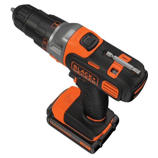A BLACK+DECKER cordless power drill with an orange and black design, featuring a lithium battery and ergonomic grip.