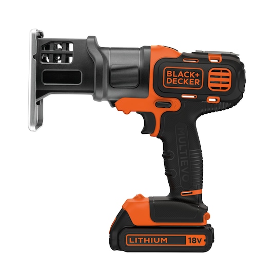 Side view photo of BLACK+DECKER MTJS1 cordless jigsaw with 18V lithium battery, black and orange finish.