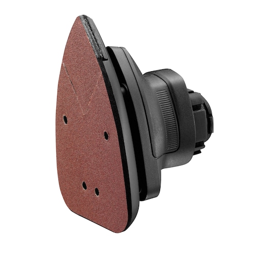 BLACKDECKER MTSA2 sanding attachment, triangular shape, brown pad, front angle, white background.