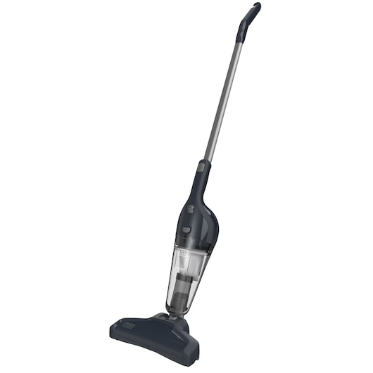 BLACKDECKER NSVA315J stick vacuum cleaner, black and grey, front angle photo, transparent dust container