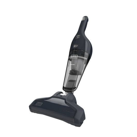 BLACKDECKER NSVA315J cordless hand vacuum, dark gray, side angle on white background.