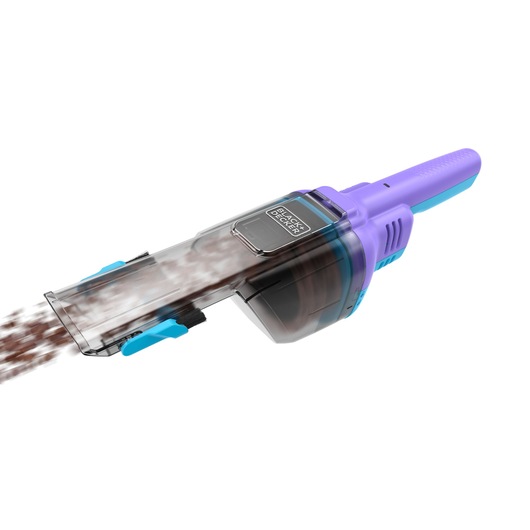 BLACK+DECKER NVD220BP handheld vacuum cleaner in purple and blue, side angle, with dust being ejected.