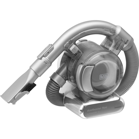 A BLACK+DECKER Dustbuster Flexi lithium 18V handheld vacuum cleaner with a flexible hose and brush attachment, shown on a white background.