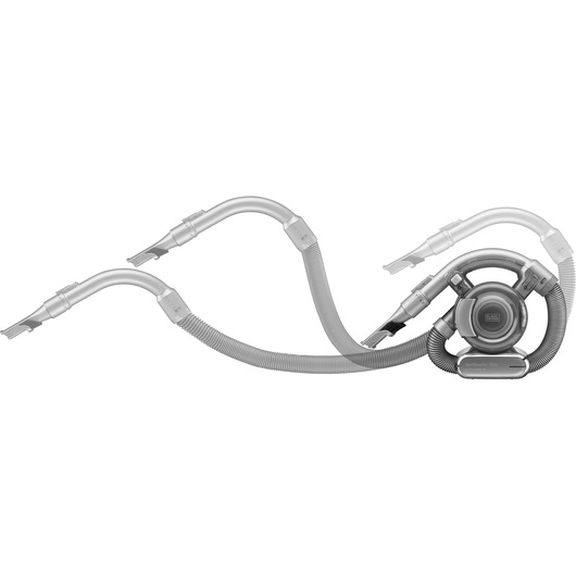 A BLACK+DECKER handheld portable vacuum cleaner with an extended flexible hose and multiple nozzle attachments, shown laid out in a curved arrangement on a white background.