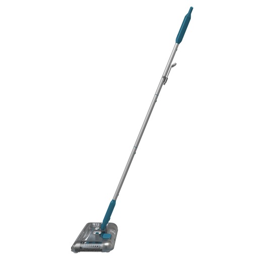 A cordless floor sweeper with a long handle and a rectangular base, featuring blue and silver accents, standing upright against a white background.