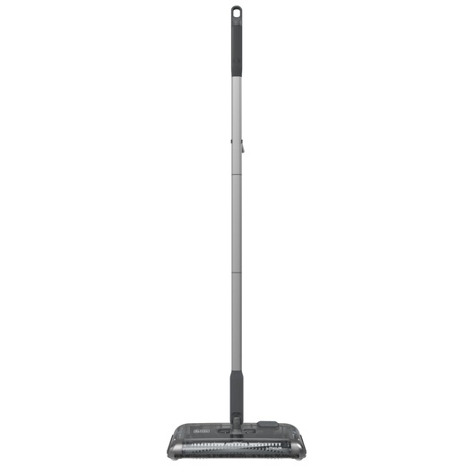 A BLACK+DECKER cordless floor sweeper with a slim, long handle and a rectangular cleaning base, shown standing upright against a white background.