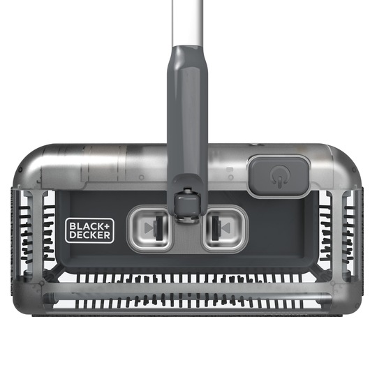 Front view of a BLACK+DECKER floor sweeper with a rectangular cleaning head, visible bristles on the sides and bottom, and a power button located on the top right.