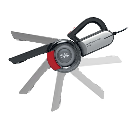 A BLACK+DECKER pivoting handheld vacuum cleaner with a rotating nozzle, shown in multiple positions to demonstrate its adjustable pivot feature.