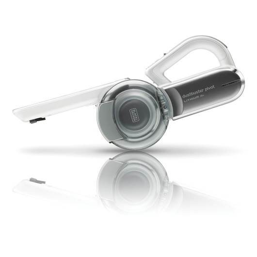 A BLACK+DECKER Dustbuster Pivot handheld vacuum cleaner with an 18V lithium battery, featuring a folding nozzle and ergonomic handle, shown on a white background with a reflection.