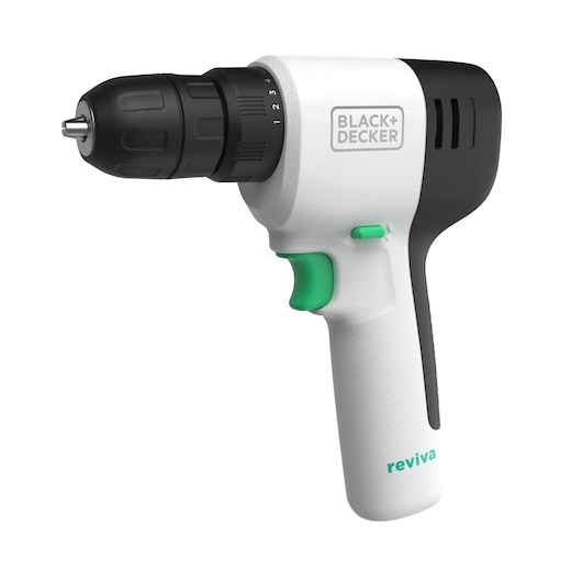 A BLACK+DECKER cordless power drill with a white and black body, green buttons, and the word 'reviva' on the handle, viewed from the side.