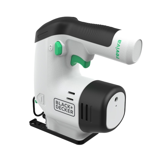 BLACK+DECKER REVJ12C compact jigsaw, white and black body, green accents, angled view, photography.