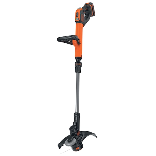 BLACKDECKER cordless grass trimmer STC1820EPC, orange and black, side angle on white background.