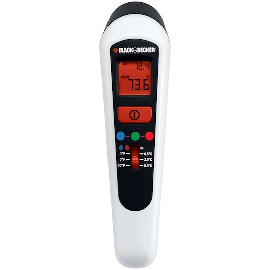 Photo of BLACK+DECKER thermal leak detector TLD100 front view with digital display and control buttons.