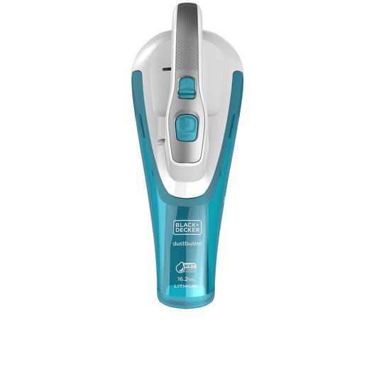 A BLACK+DECKER dustbuster handheld vacuum cleaner with a blue and white design, featuring a lithium battery and wet/dry cleaning capability, shown from above.
